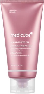 Medicube PDRN Booster Gel w błyszczącej różowej tubce, widok z przodu, z tekstem "7 Types Peptide" i objętością 200 ml.