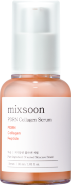 Mixsoon PDRN Collagen Serum 30ml w szklanej butelce, jasnopomarańczowe, z białą pompką, widok z przodu.