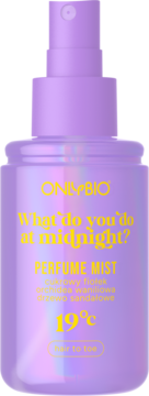 Fioletowy perfumowany mist ONLYBIO 'What do you do at midnight?' 19°C, widok z przodu, z połyskiem.