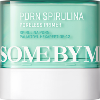 Primer SOME BY MI PDRN Spirulina Poreless w turkusowym słoiczku z białą zakrętką, widok z przodu.