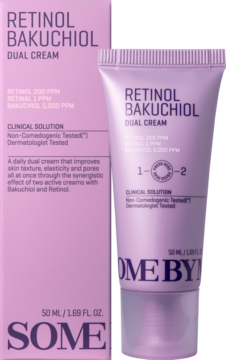 Różowe pudełko i tubka Some By Mi Retinol Bakuchiol Dual Cream, widok z przodu, na tle fioletowych pasów.