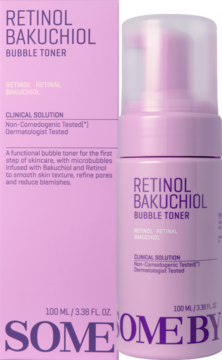 Jasnofioletowy toner do twarzy SOME BY MI Retinol Bakuchiol w butelce z pompką i pudełkiem, widok z przodu.