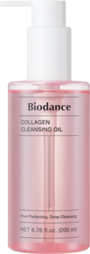 Biodance Collagen Cleansing Oil w różowej butelce z białą pompką, widok z przodu, dla głębokiego oczyszczania.