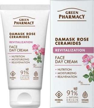 Green Pharmacy Damask Rose Ceramides Revitalization Face Day Cream, biała tubka i pudełko, widok z przodu.