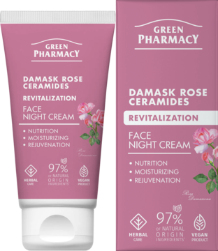 Green Pharmacy, Damask Rose Ceramides, rewitalizujący krem na noc, w różowej tubce i kartonie, widok z przodu.