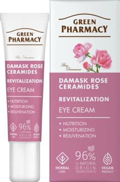 Green Pharmacy Damask Rose Ceramides rewitalizujący krem pod oczy, biała tubka i różowe pudełko, widok przód.