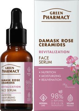 Green Pharmacy Damask Rose Ceramides Revitalization Face Serum: bursztynowa butelka z zakraplaczem i biało-różowe opakowanie frontem.
