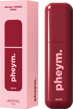 Mgiełka do ciała pheym. aura, czerwona butelka obok różowego pudełka, z nutami maliny, wiśni, piżma.