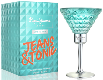 Pepe Jeans JEANS & TONIC for Her, turkusowy flakon EDP w kształcie kieliszka i teksturowane pudełko.