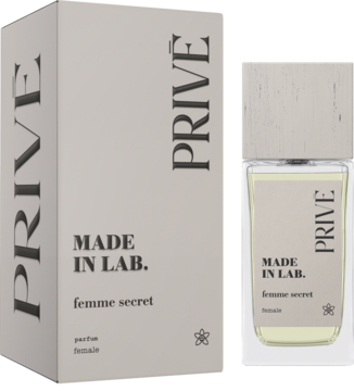 Perfumy MADE IN LAB. femme secret PRIVE, beżowe pudełko i butelka z czarnym tekstem, widok lekko z boku.