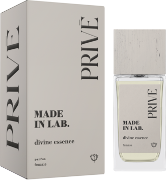 Perfumy damskie Made In Lab. Prive Divine Essence, jasnoszare pudełko i butelka z drewnianą zakrętką, widok z przodu.