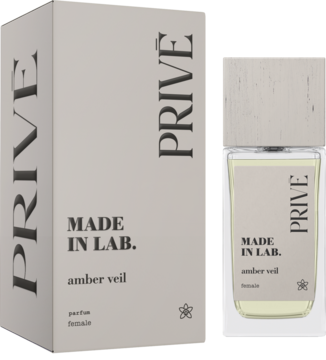 Perfumy Prive Made in Lab. amber veil, beżowe pudełko i butelka z jasnożółtym płynem, widok z przodu.