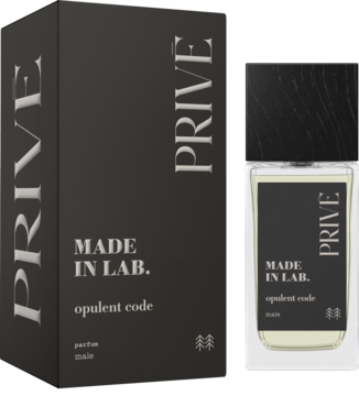 Męski parfum PRIVE MADE IN LAB. opulent code w czarnym opakowaniu i butelce, widok z przodu.