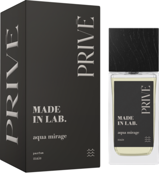 Perfumy PRIVE MADE IN LAB. aqua mirage cytrusowo-morskie. Czarne pudełko i flakon obok siebie, przodem do widza.