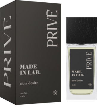 Perfumy PRIVE MADE IN LAB. noir desire, ciemnoszare pudełko i butelka z czarną nakrętką, widok z przodu.