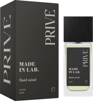 Zestaw perfum męskich PRIVÉ Made In Lab fluid mind: ciemne pudełko i szklana butelka z białymi etykietami. Widok z przodu.