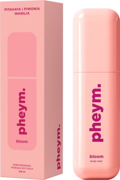 Różowa mgiełka do ciała pheym. bloom (pitahaya, piwonia, wanilia) i jej pudełko na białym tle.