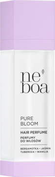 Neboa Pure Bloom Hair Perfume, fioletowo-biała butelka z etykietą. Świeży zapach bergamotki i jaśminu.