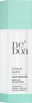Neboa Citrus Aura Hair Perfume, biała butelka z miętową górą i dołem. Widok z przodu, nuty: mandarynka, bazylia.