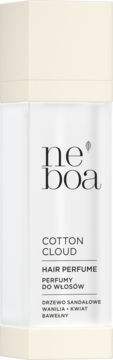 Perfumy do włosów Neboa Cotton Cloud, białe opakowanie z beżowymi elementami, widok z przodu, widoczne napisy.