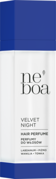 Neboa Velvet Night Hair Perfume. Biała butelka z granatową górą i podstawą, widok z przodu. Nuty: Labdanum, Piżmo, Wanilia, Tonka.