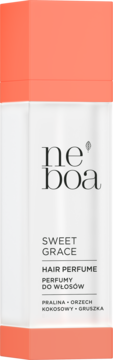 Neboa Sweet Grace Perfumy do włosów w białej butelce z koralowymi detalami, przód, nuty: pralina, kokos, gruszka.