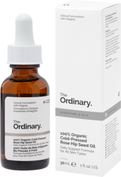 The Ordinary 100% Organic Cold-Pressed Rose Hip Seed Oil. Bursztynowa butelka z kroplomierzem, obok białe opakowanie.