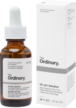 The Ordinary GF 15% Solution, serum przeciwstarzeniowe w brązowej butelce i białym pudełku, widok z przodu.