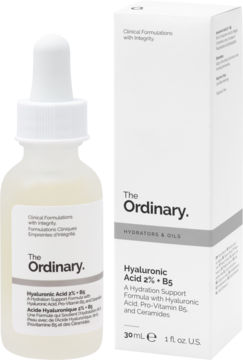 The Ordinary Hyaluronic Acid 2% + B5, nawilżające serum z ceramidami w butelce i pudełku, widok przodem.
