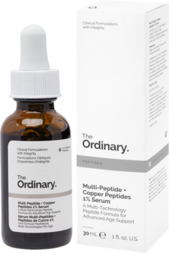 The Ordinary Multi-Peptide + Copper Peptides 1% Serum: brązowa butelka z pipetą i białe pudełko, widok z przodu pod kątem.