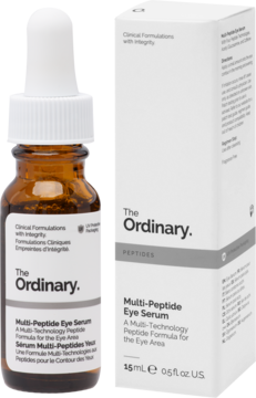 The Ordinary Multi-Peptide Eye Serum, brązowa butelka z zakraplaczem i biało-szare pudełko. Serum peptydowe na zmarszczki pod oczami.