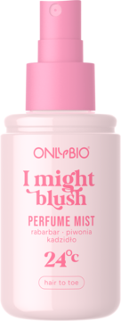 ONLYBIO I might blush, perfumowana mgiełka "hair to toe" w różowo-białej butelce, widok z przodu.