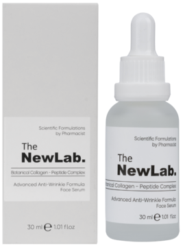 The NewLab. Advanced Anti-Wrinkle Face Serum z kolagenem i peptydami, przezroczysta butelka i białe pudełko obok.