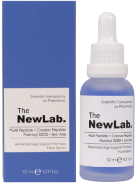 The NewLab. Multi Peptide + Copper Peptide serum do twarzy. Niebieski kartonik i fioletowa butelka z kroplomierzem, 30 ml.