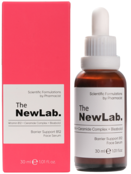 The NewLab. Barrier Support B12 Face Serum in amber dropper bottle and pink box, with B12, Ceramide, Biotaol.