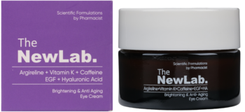 Purple box and brown jar of The NewLab. Brightening & Anti-Aging Eye Cream with Argineline and Caffeine.