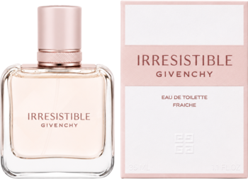 Woda toaletowa dla kobiet Givenchy Irresistible Fraiche: szklana butelka z różowym płynem, obok jasne pudełko.