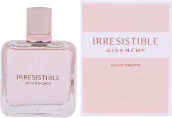 Irresistible Givenchy, kwiatowo-owocowa woda toaletowa. Różowa butelka i pudełko z logo, widok z przodu.