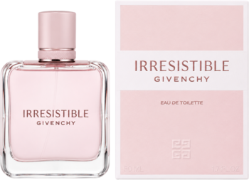 Givenchy Irresistible EDT, różowa butelka i pudełko, widok z przodu. Świeży kwiatowo-owocowy zapach.