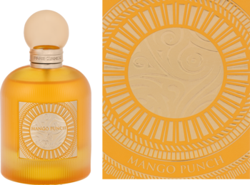 Owocowe perfumy Mango Punch: bursztynowa butelka i pomarańczowe opakowanie z wzorem, widok z przodu.