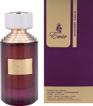 Emir Cherry Cola Extrait de Parfum: Ciemnoczerwony flakon i purpurowe pudełko z złotym napisem, widok przód.