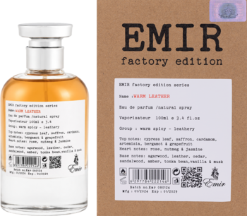 Emir Warm Leather woda perfumowana 100ml w szklanej butelce i brązowe opakowanie, widok przód.