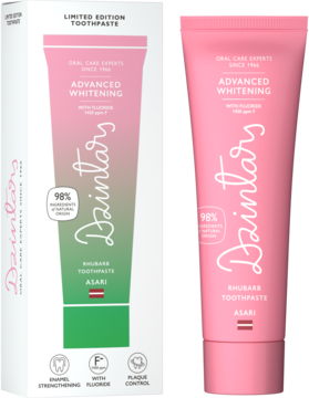 Dzintars Advanced Whitening Rhubarb Toothpaste, limited edition, pink/green box and pink tube, frontal view.