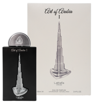 Lattafa Pride Art of Arabia I EDP 100ml: czarny flakon i beżowe pudełko z srebrnym Burj Khalifa, widok z przodu.