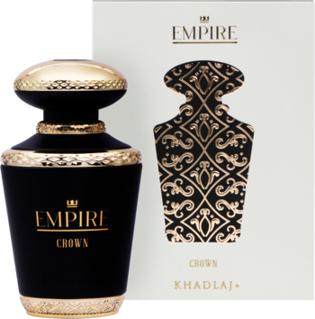 Czarny flakon perfum Empire Crown ze złotymi detalami i korkiem, obok białe pudełko z czarno-złotym wzorem.