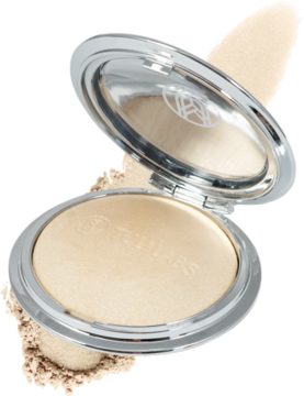 Otwarty żelowy rozświetlacz Tuli Labs Gelly Gold w srebrnym kompakcie, z intensywnym złotym blaskiem.