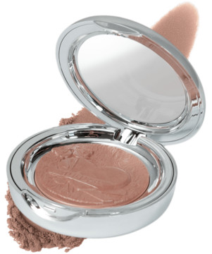 Mini bronzer Tuli Labs Sun w otwartym srebrnym kompakcie z lusterkiem. Pudrowy beż dla słonecznego blasku.