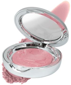 Otwarty srebrny mini róż do policzków Tuli Labs Bloom z lusterkiem, widoczny różowy wypiekany puder.