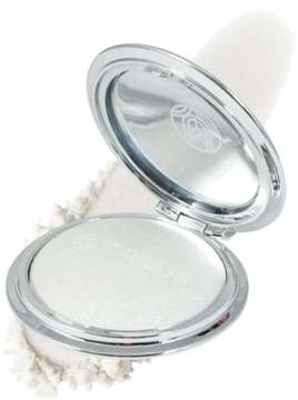 Żelowy rozświetlacz Tuli Labs Gelly Silver w otwartym, srebrnym kompakcie z lusterkiem, obok puchaty aplikator.