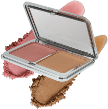 Otwarta paleta Tuli Labs Blush & Bronze Duo: różowy róż i brązowy bronzer w srebrnym etui, na tle smug pudru.